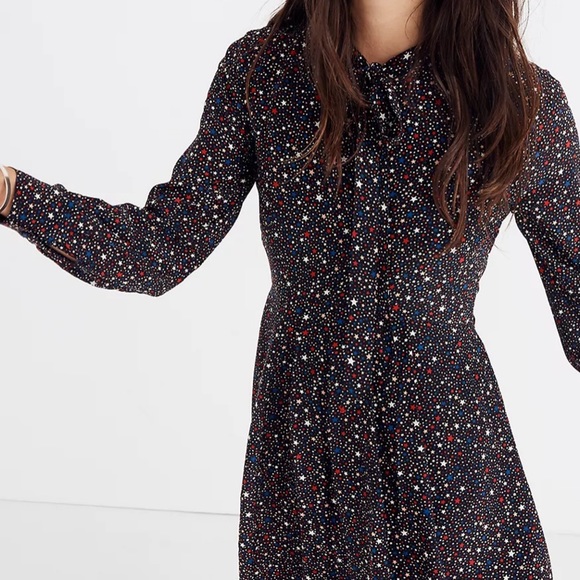 Madewell Dresses & Skirts - Madewell Tie Neck long sleeve Dress Starry Night NWOT size 6